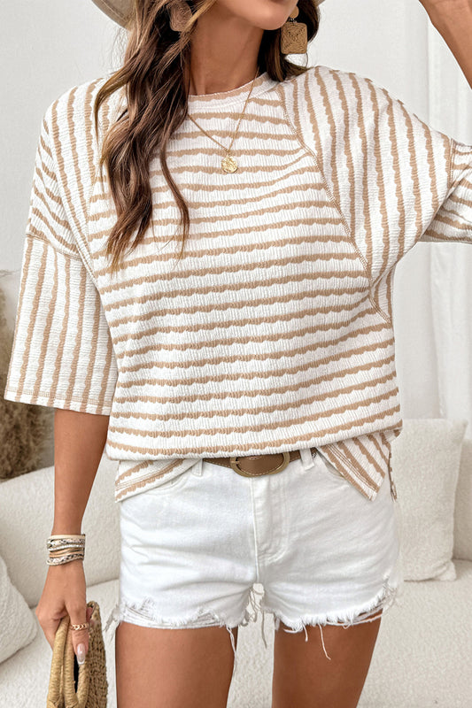 Stripe Textured Knit Split Hem Half Sleeve Loose Top