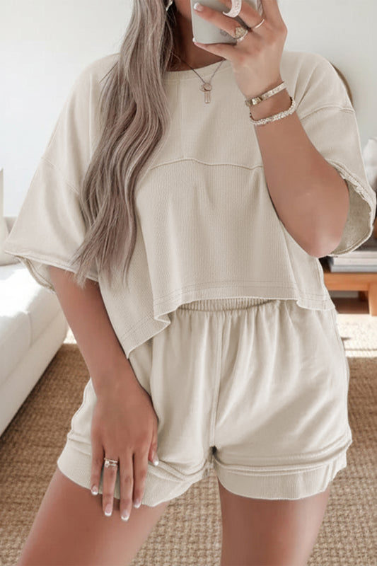 Jet Stream Solid Color Contrast Textured Patchwork Raw Edge 2pcs Short Set